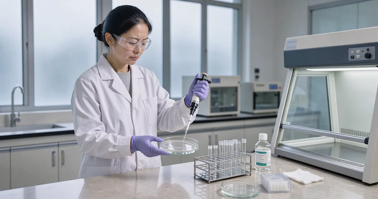 Female laboratory technician holding a glass culture dish and pipette at a pale stone bench