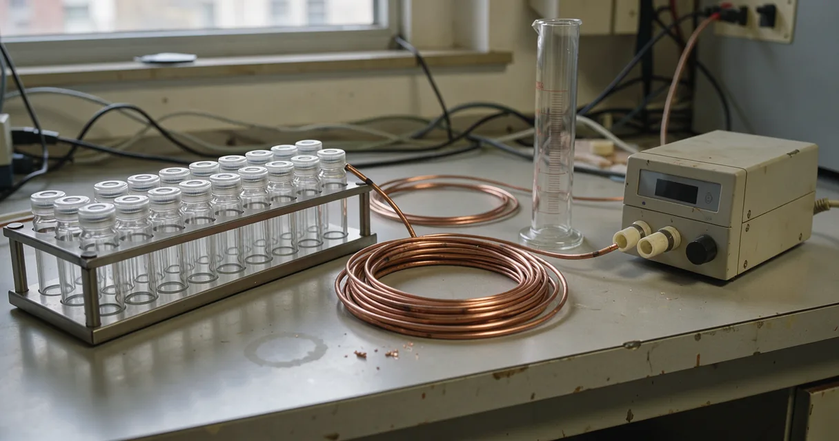 Analytical chemistry workbench with glass sample vials in a metal rack and coiled copper tubing