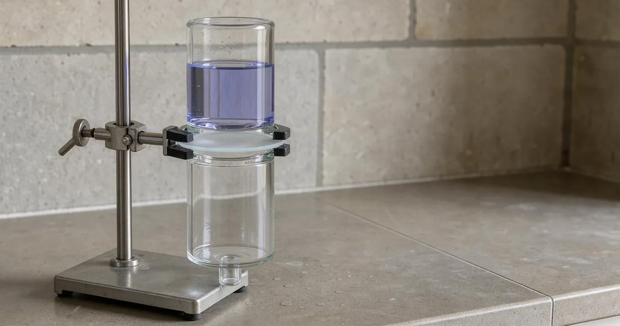 Vertical glass diffusion chamber clamped on a steel stand with pale violet-blue fluid in the upper reservoir