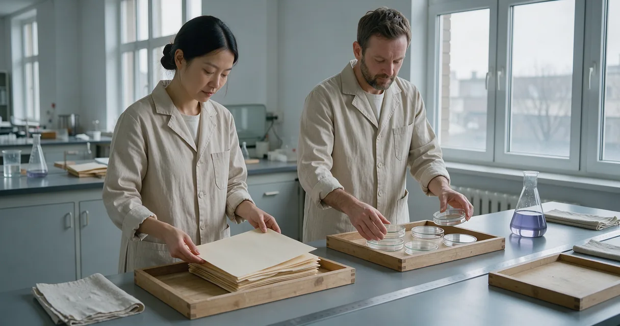 Two researchers in linen coats sorting paper folders and glass culture dishes across a long worktable