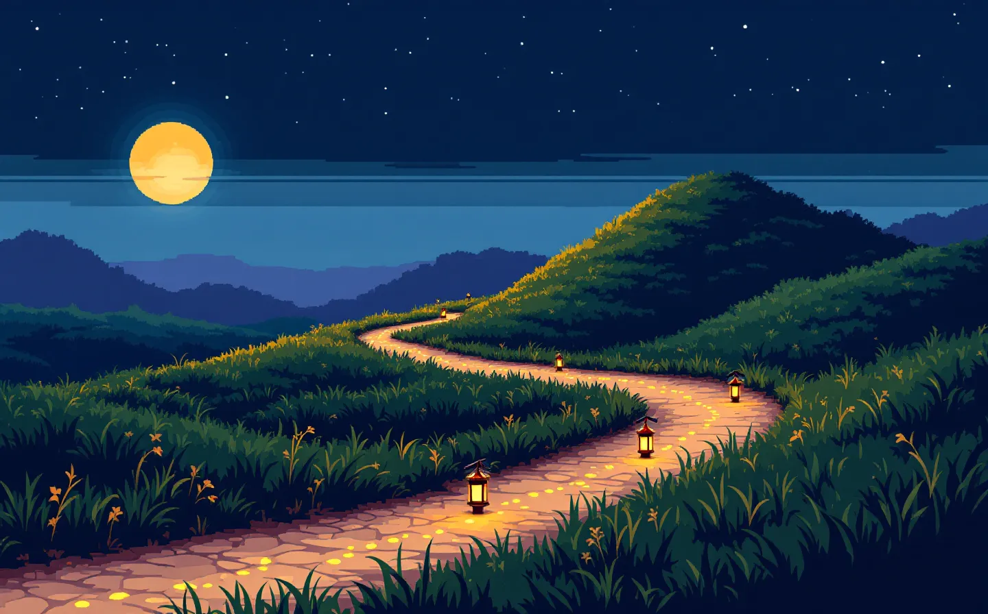 Pixel-art trail map with a dotted amber path winding past small fort waypoints across a green prairie toward a goldenrod pixel sun on a dark night ground