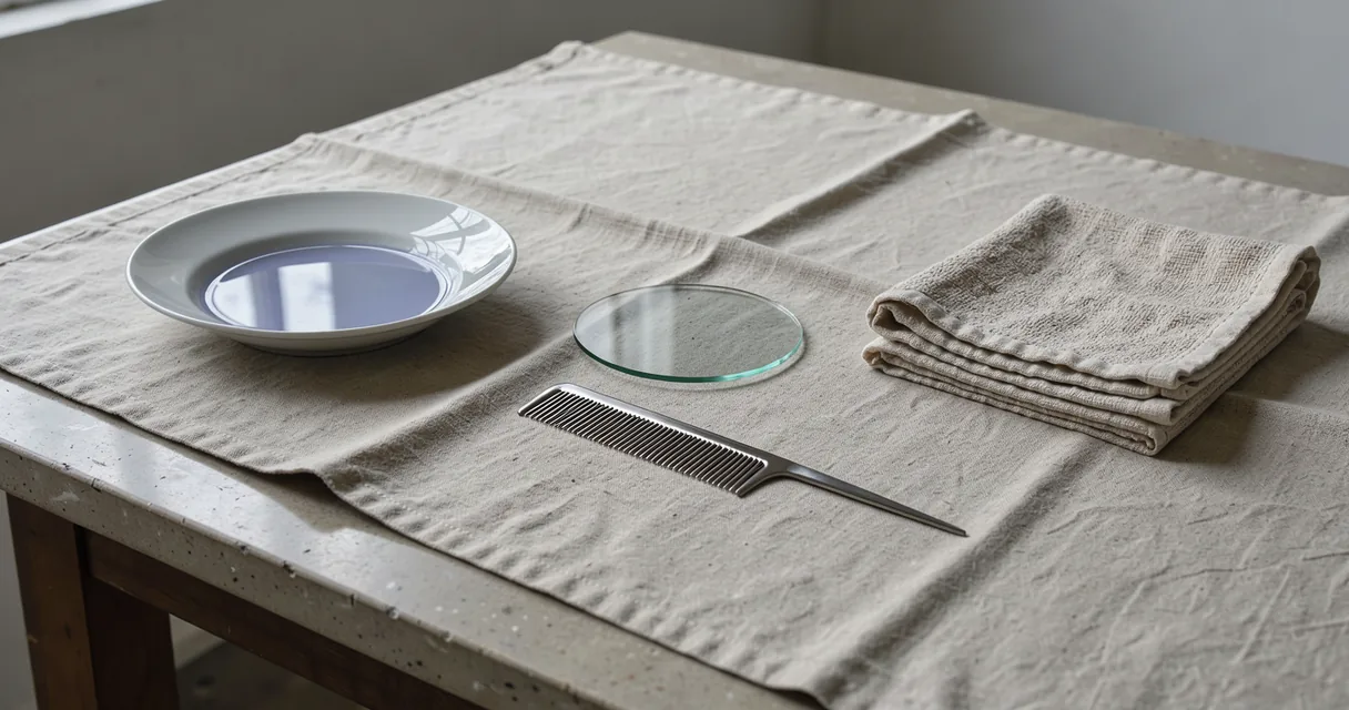 Shallow porcelain dish of pale lavender-blue liquid, glass watch glass, and fine steel parting comb on oatmeal linen